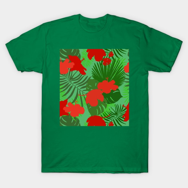 Hand drawn hibiscus, tropical leaves red and green pattern T-Shirt by GULSENGUNEL